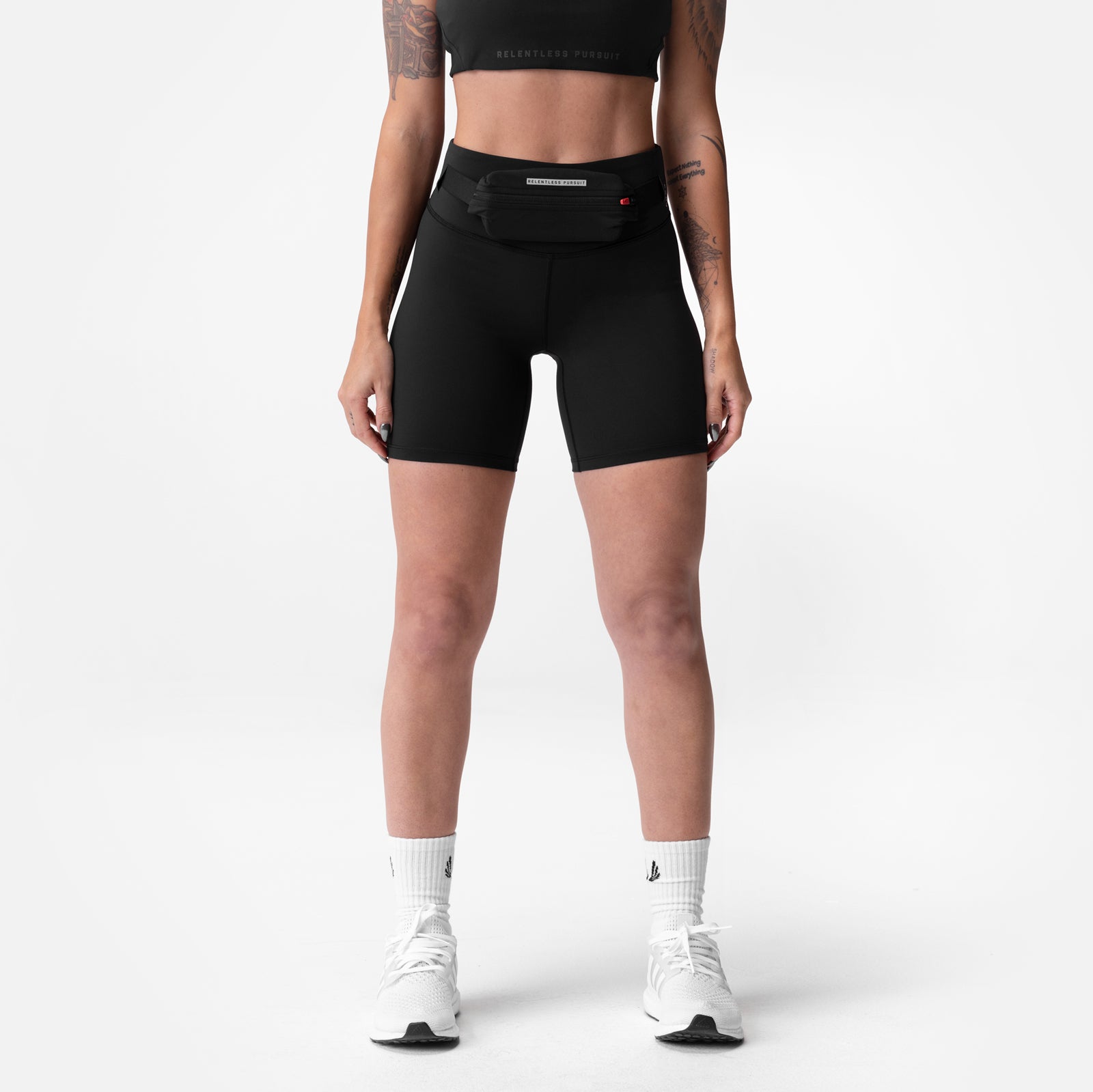 Black ASRV Lycra® 3-In-1 Biker Short worn by model, front view