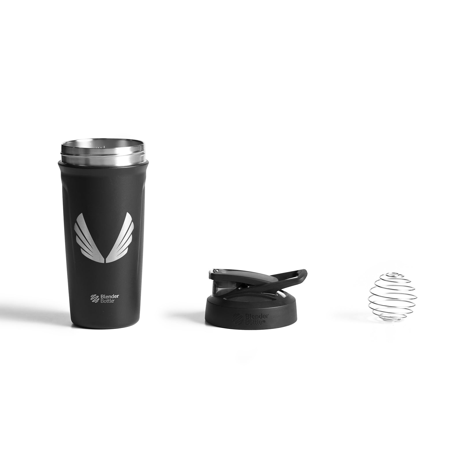 Flatlay of ASRV x Blender Bottle Strada insulated shaker in black with stainless steel top and whisk ball, disassembled view