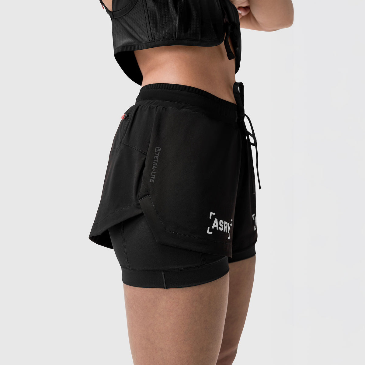 Tetra-Lite Liner Short in black with 'Bracket' design, worn by model, side view