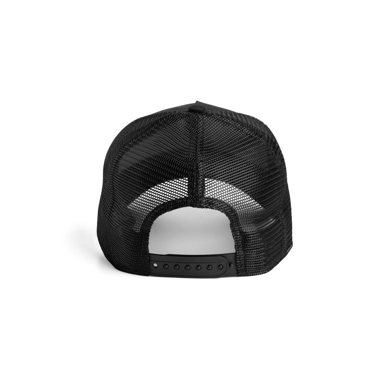 flatlay New Era 9Forty A-Frame Trucker Hat in black, back view