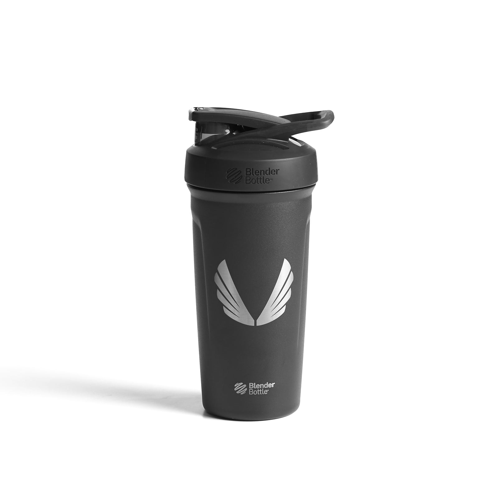 Flatlay of ASRV x Blender Bottle Strada insulated shaker in black with white wing logo, front view