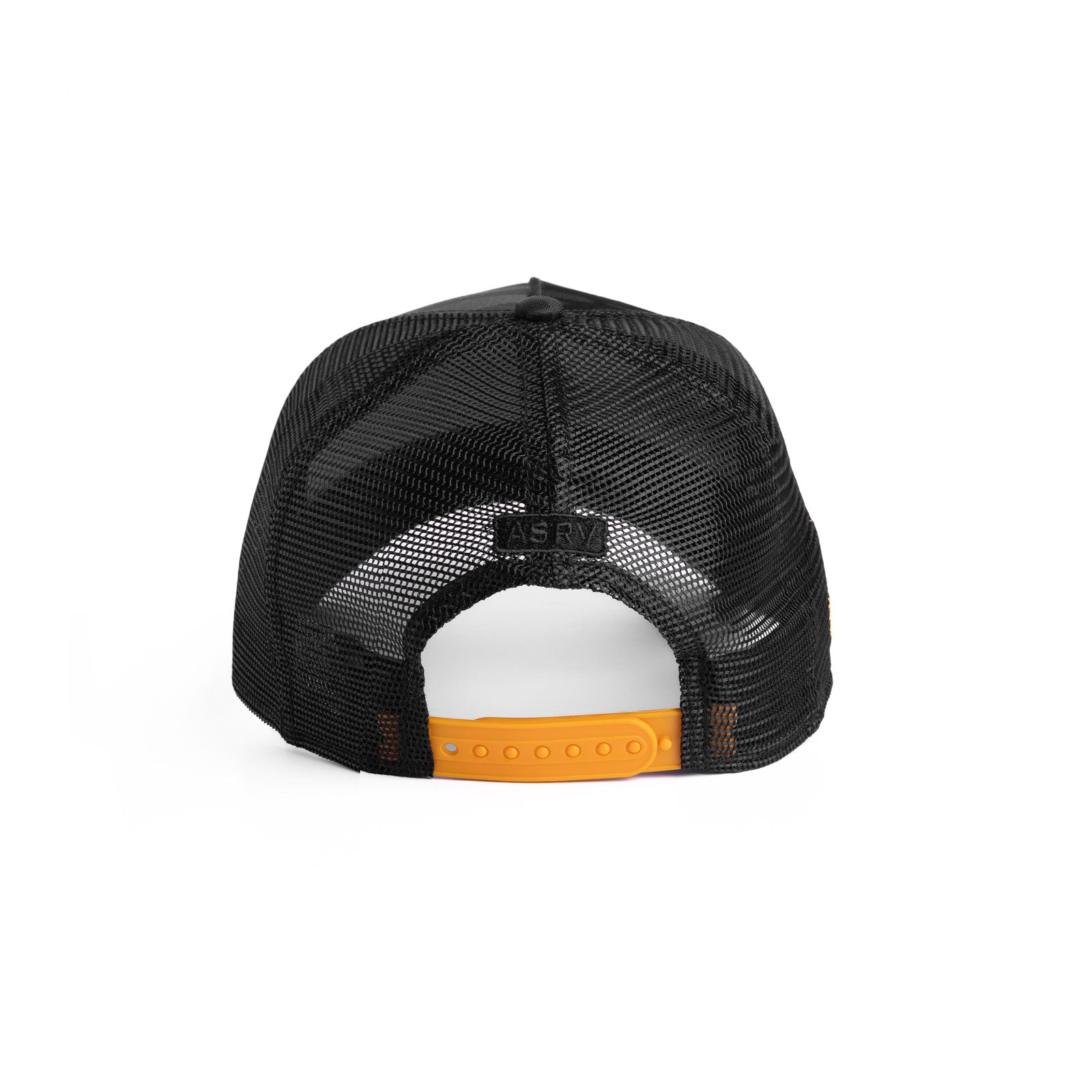flatlay New Era 9Forty A-Frame Trucker Hat in black with orange snapback, back view