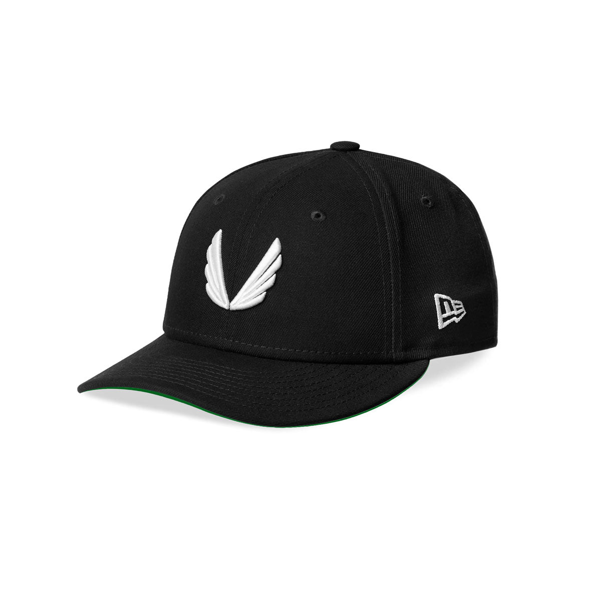 flatlay New Era 59Fifty Low Profile Hat in black with white wings logo, angled front view