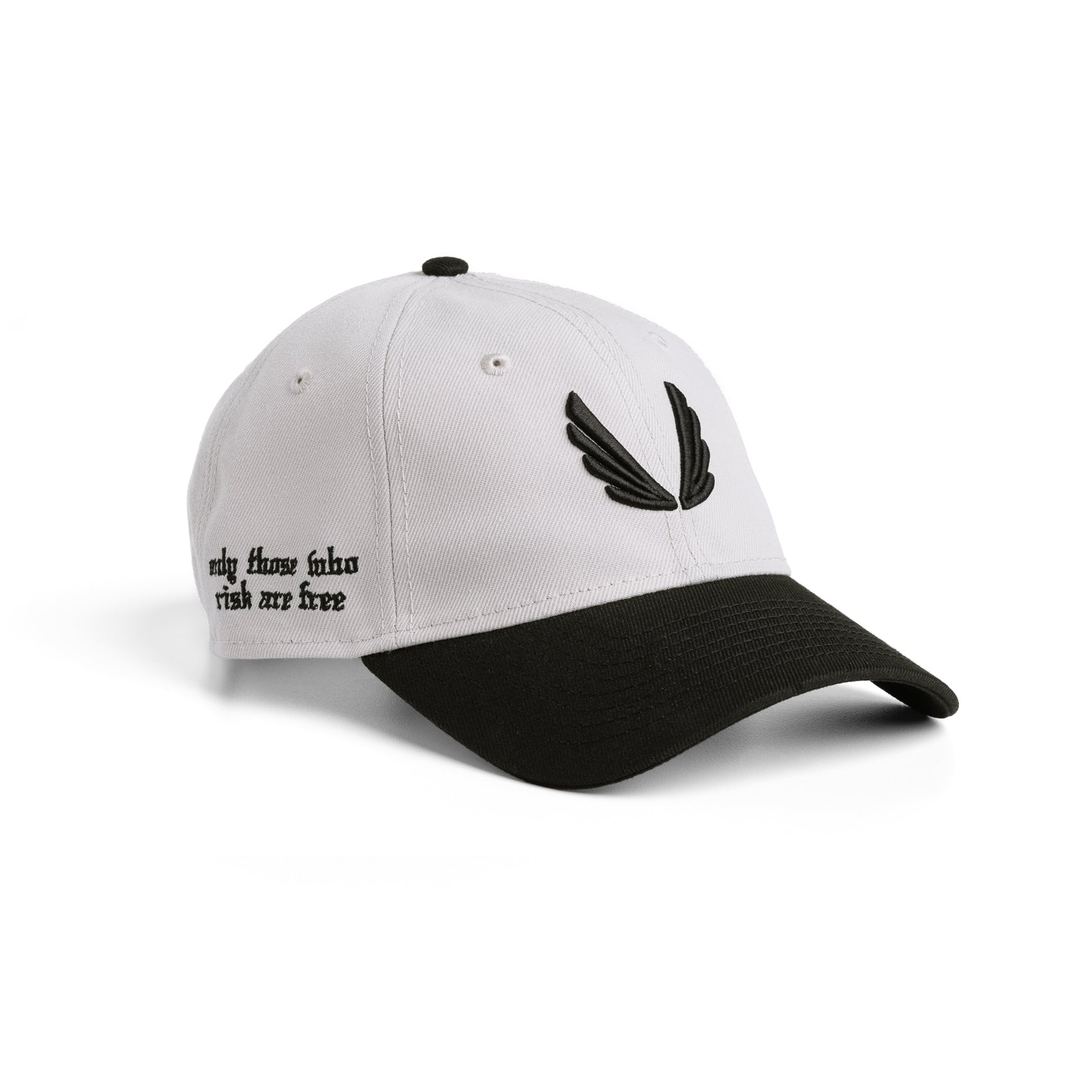 flatlay New Era 9Twenty Strapback Hat in stone and black two-tone with wing logo embroidery, front view