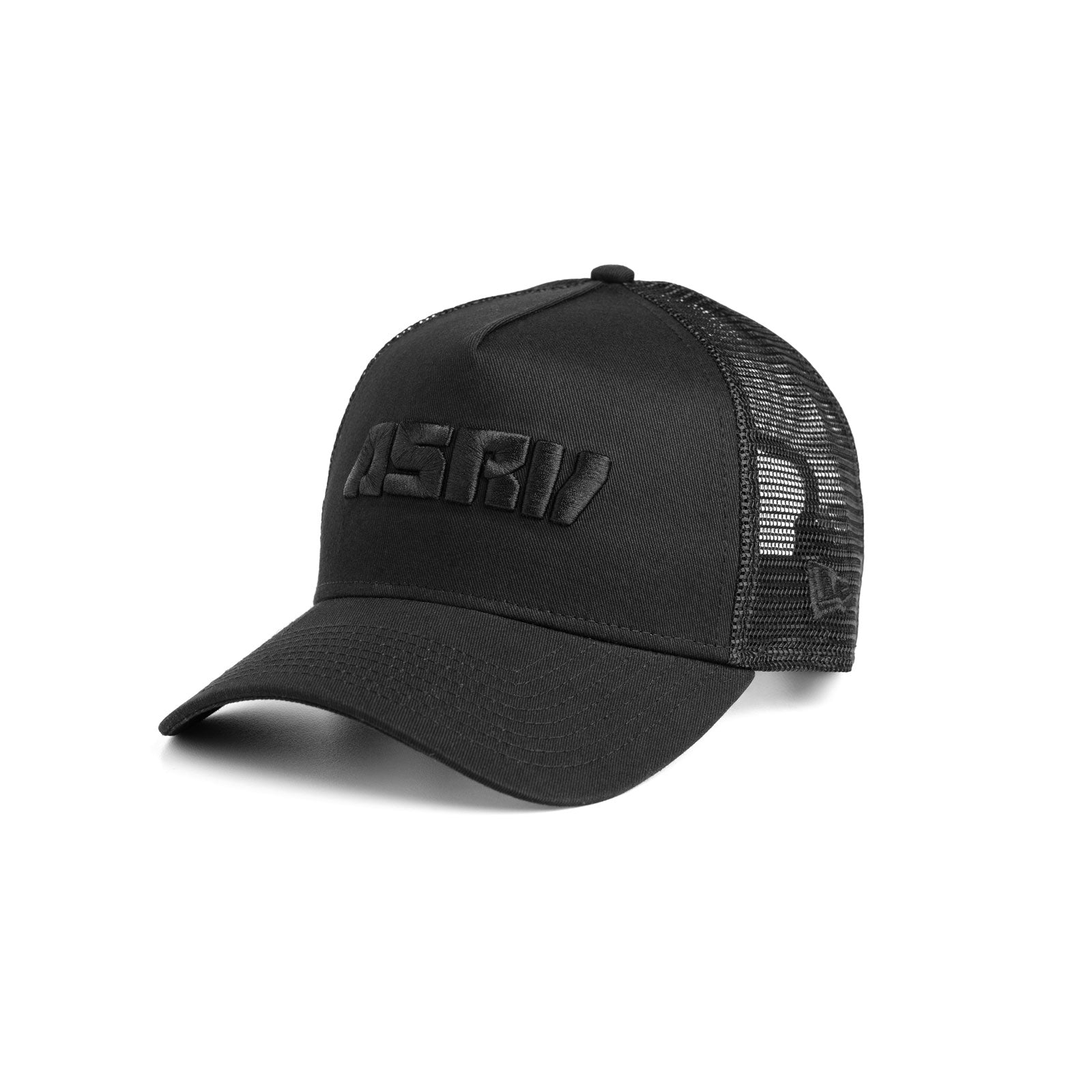 New Era 9Forty A-Frame Trucker Hat in black, angled side view