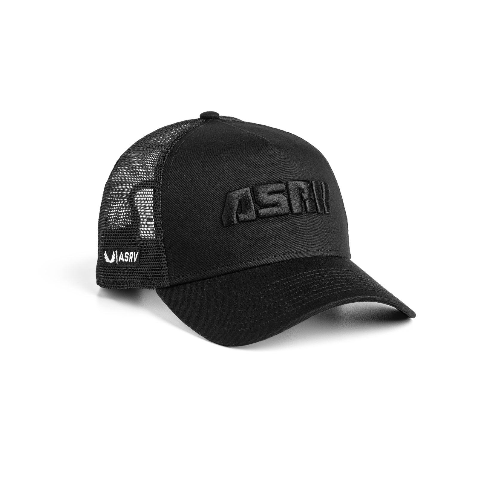 New Era 9Forty A-Frame Trucker Hat in black, angled front view on white background