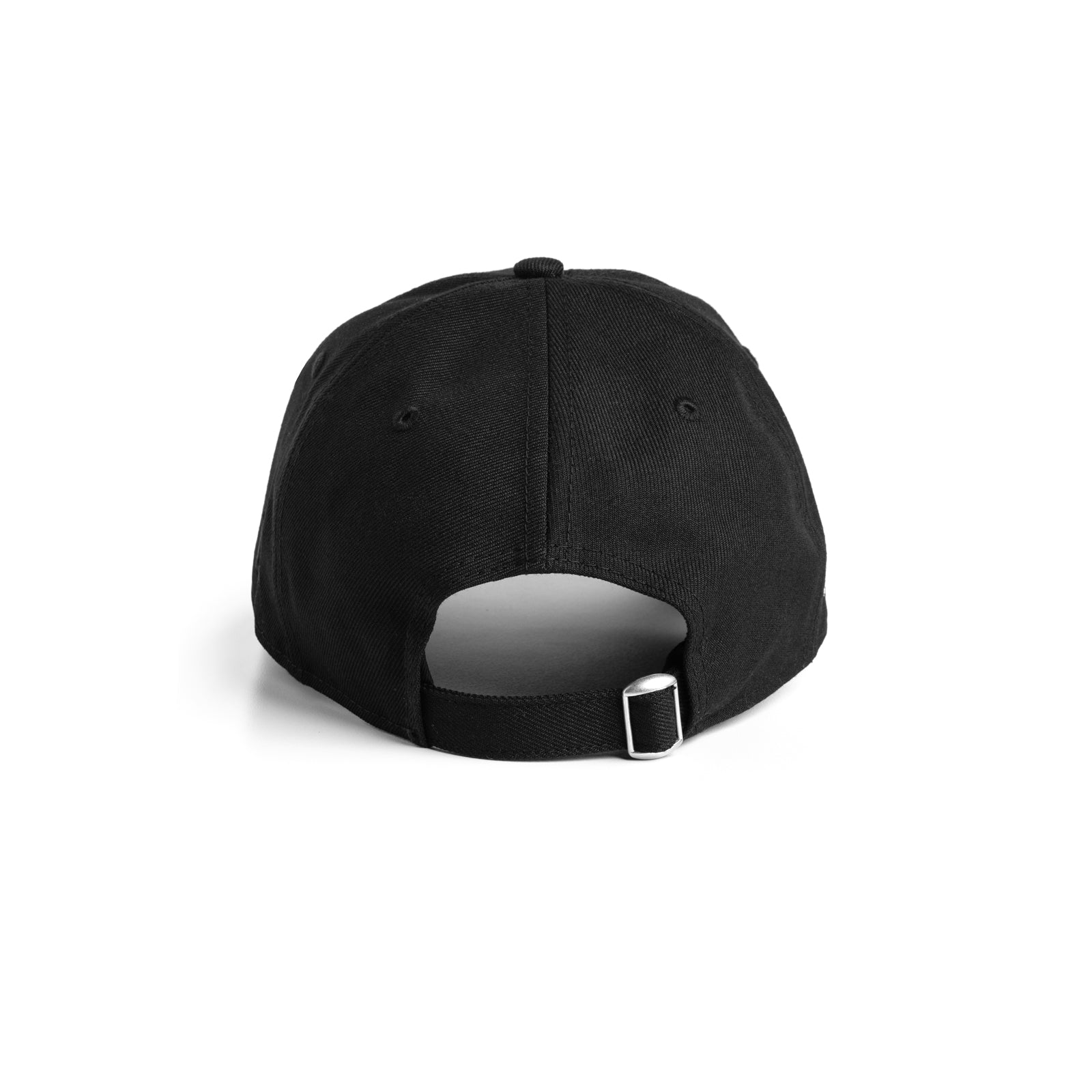 flatlay New Era 9Twenty strapback hat in black with white buckle detail, back view