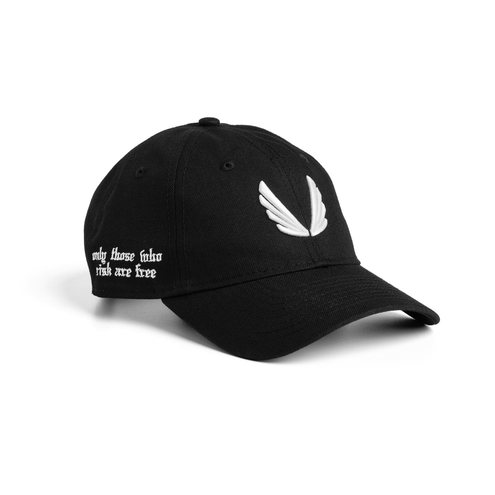 flatlay New Era 9Twenty strapback hat in black with white wing logo, front and side view