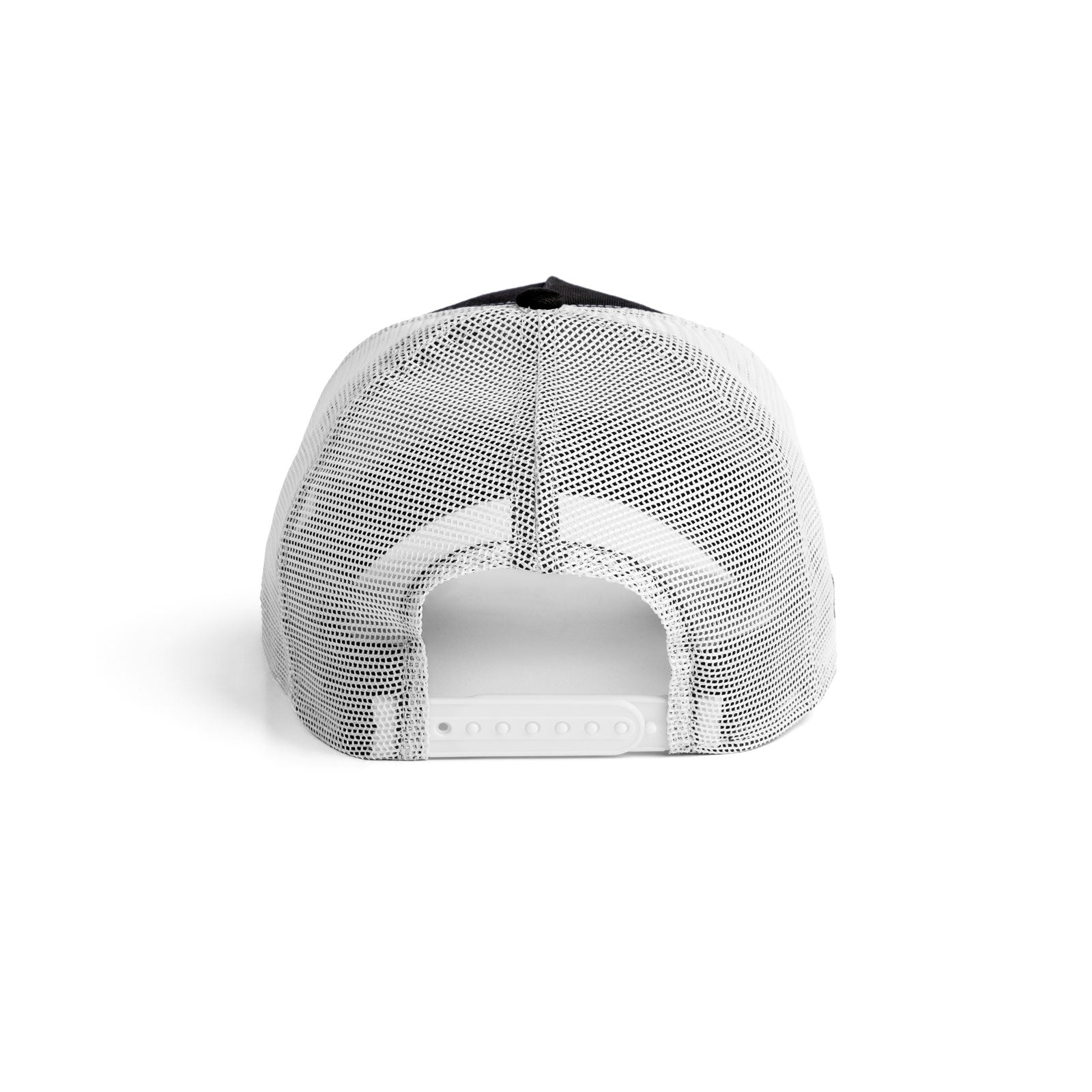 flatlay New Era 9Forty A-Frame Trucker Hat in black and white, back view