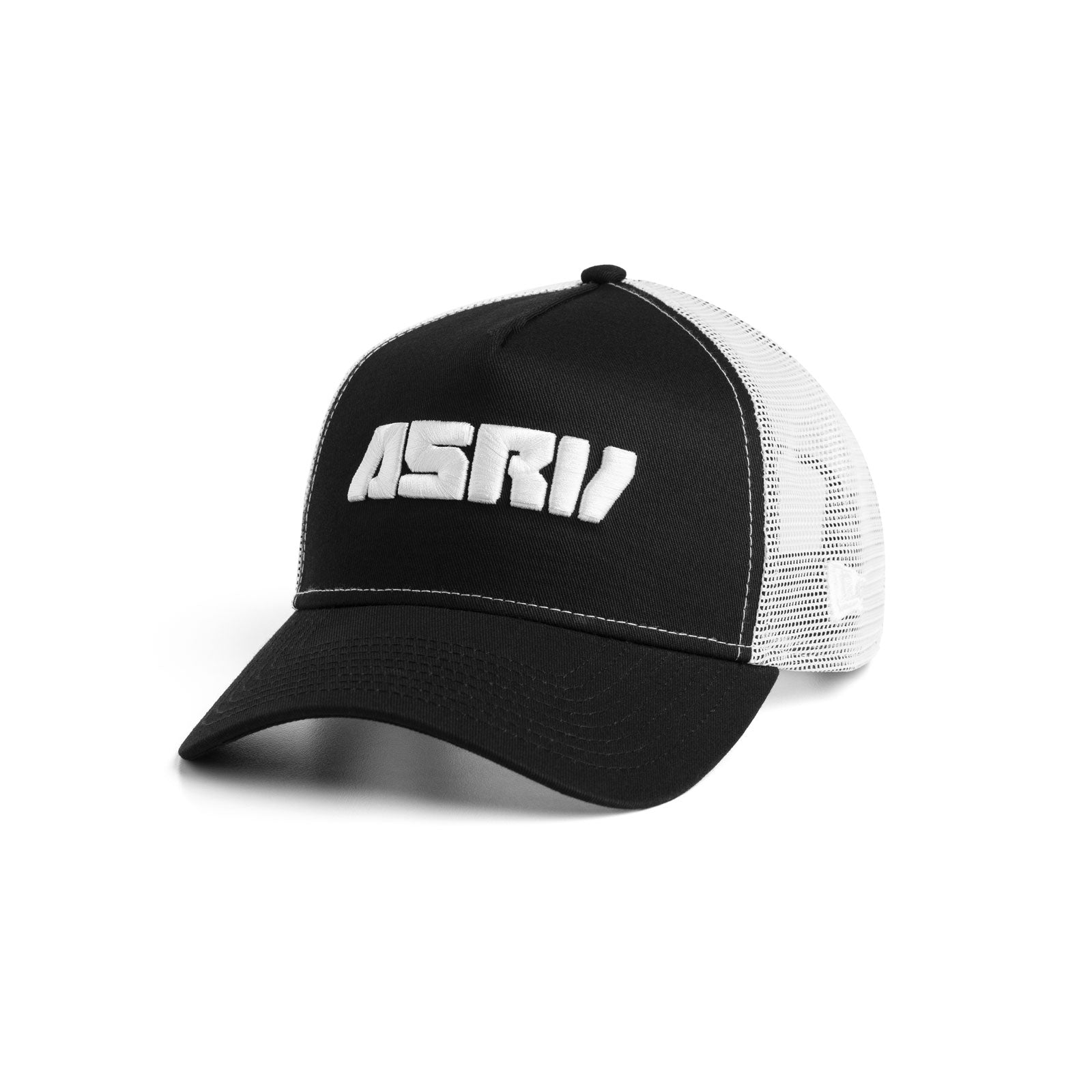 New Era 9Forty A-Frame Trucker Hat in black and white, angled front view
