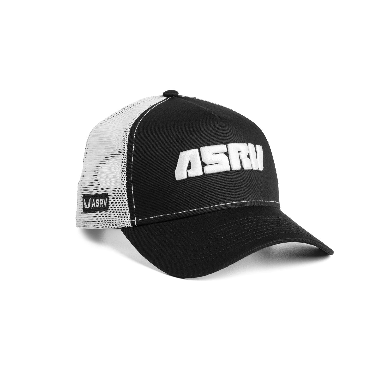 New Era 9Forty A-Frame Trucker Hat in black and white, angled front view