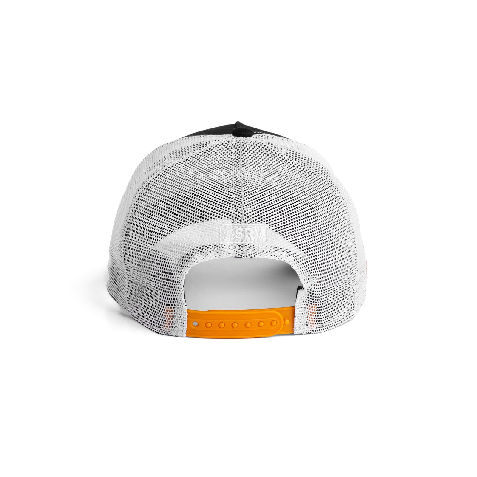 flatlay New Era 9Forty A-Frame Trucker Hat in black, white, and orange, back view