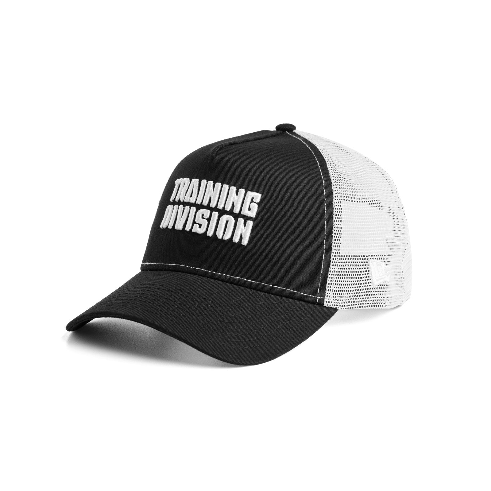 flatlay New Era 9Forty A-Frame Trucker Hat in black and white with Training Division text
