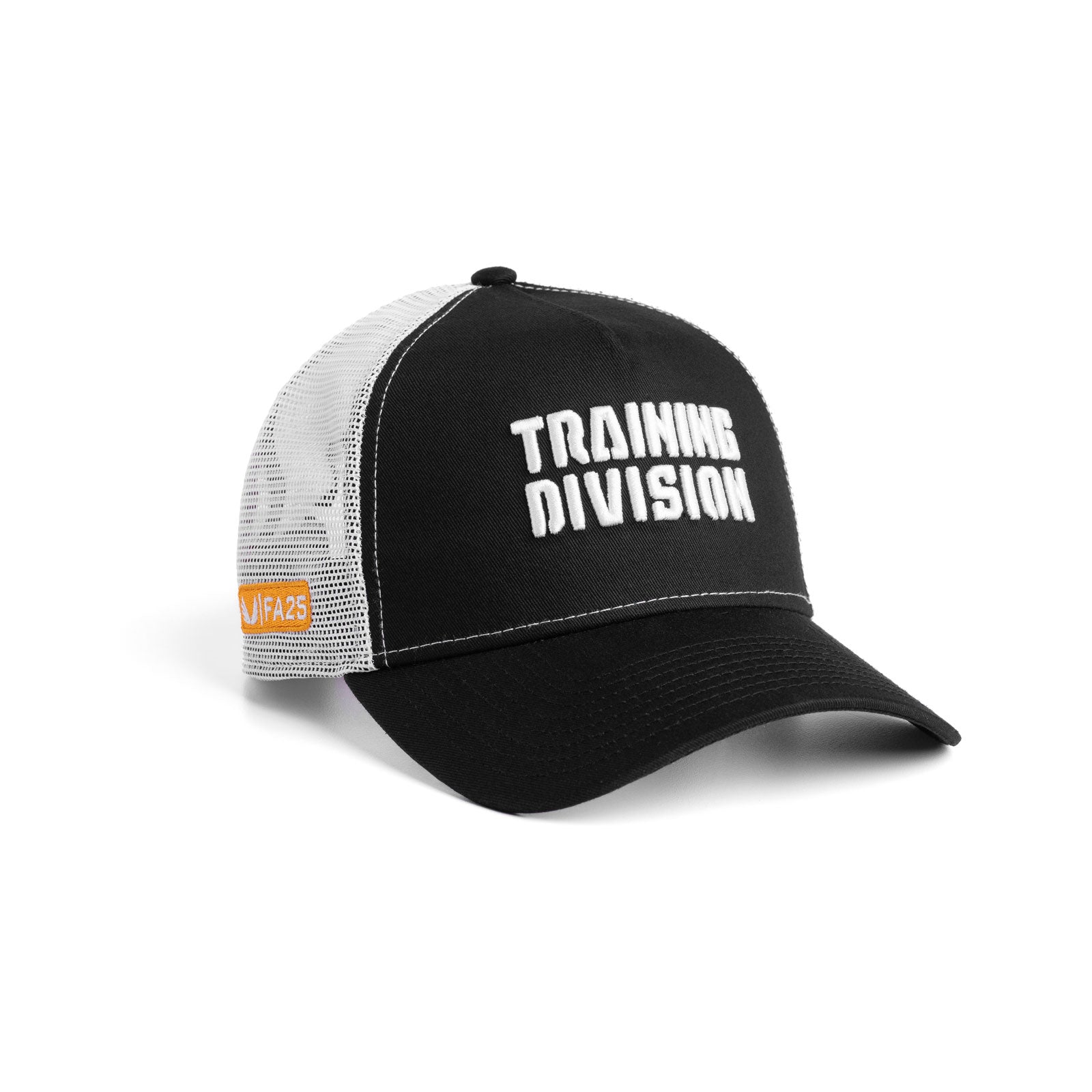 New Era 9Forty A-Frame Trucker Hat in black and white with 'Training Division' text, angled side view