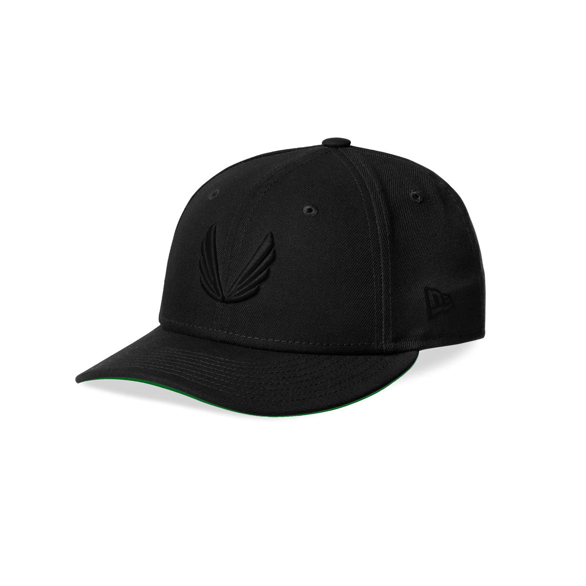 flatlay New Era 59Fifty Low Profile Hat in black with wings logo, angled view