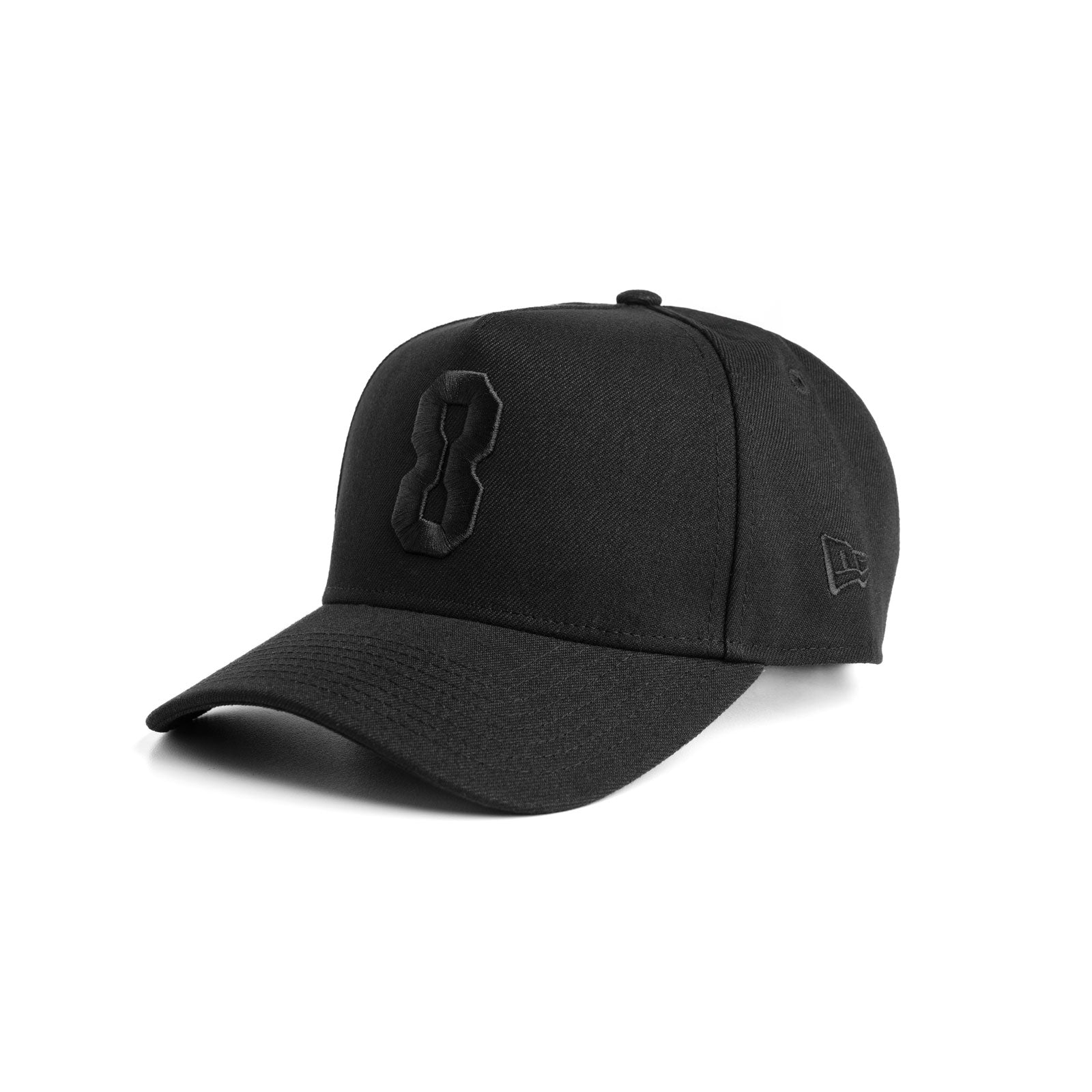 New Era 9Forty A-Frame Hat in black with embroidered logo, product shot against white background
