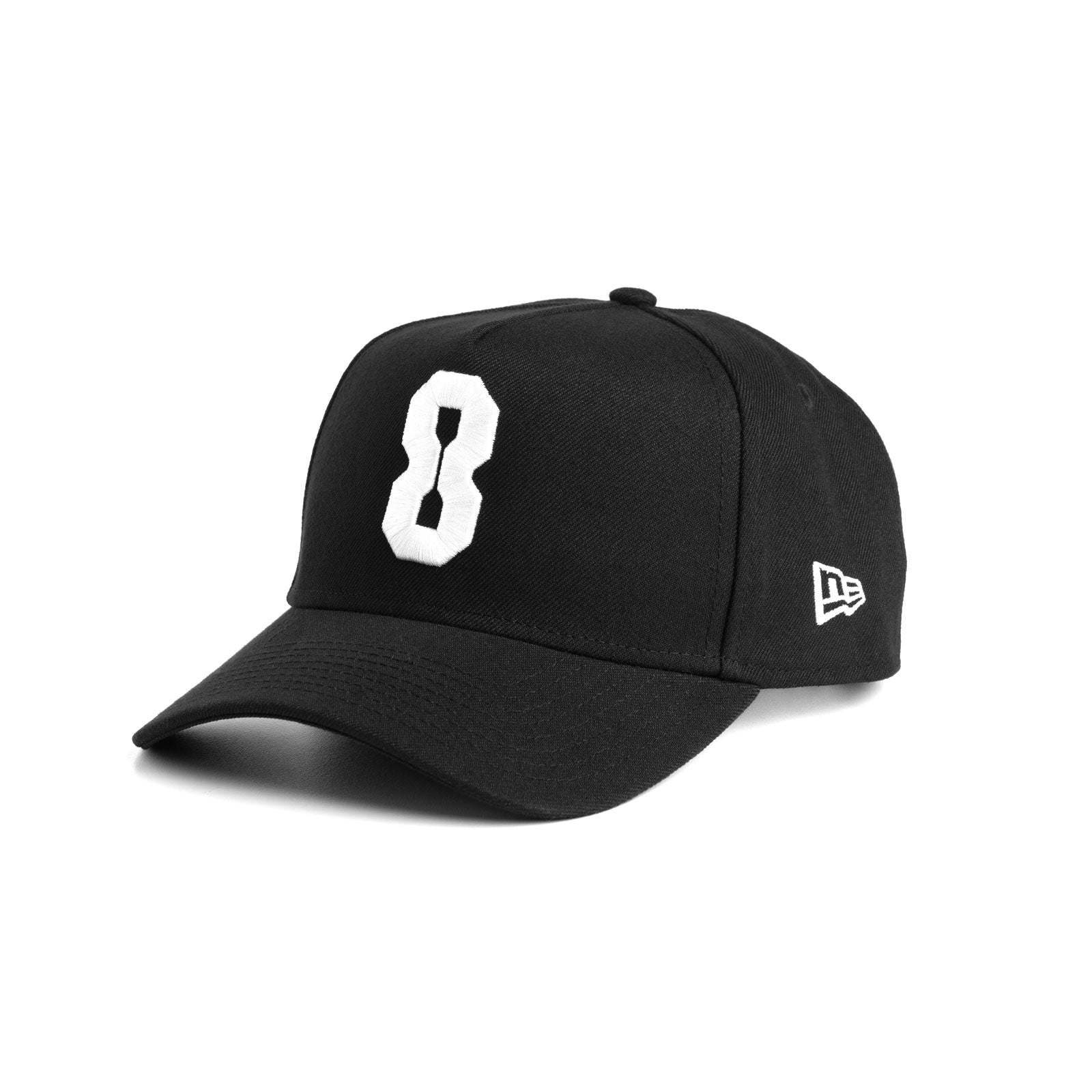 New Era 9Forty A-Frame hat in black with white '8' logo, front angle view