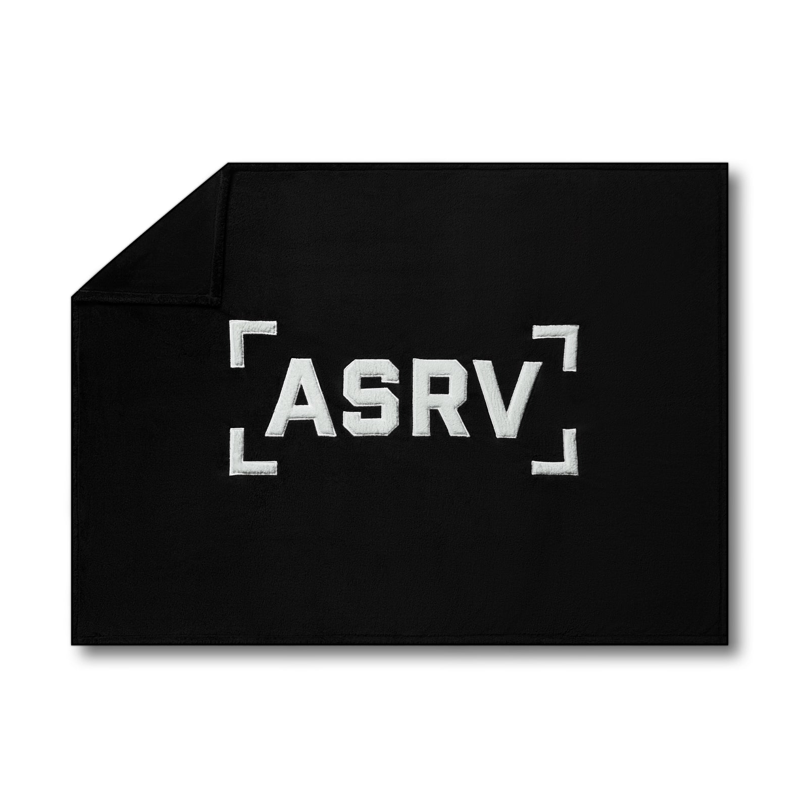 flatlay ASRV Sherpa Recovery Blanket in black with white logo, overhead view