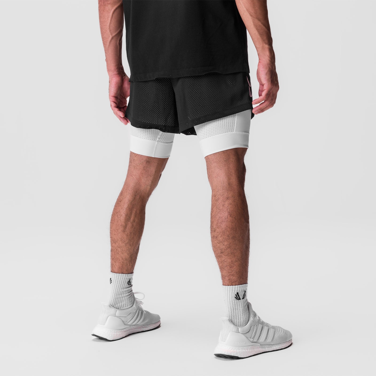 SilverPlus™ Mesh 5" Liner Short in Black/White, back view on model