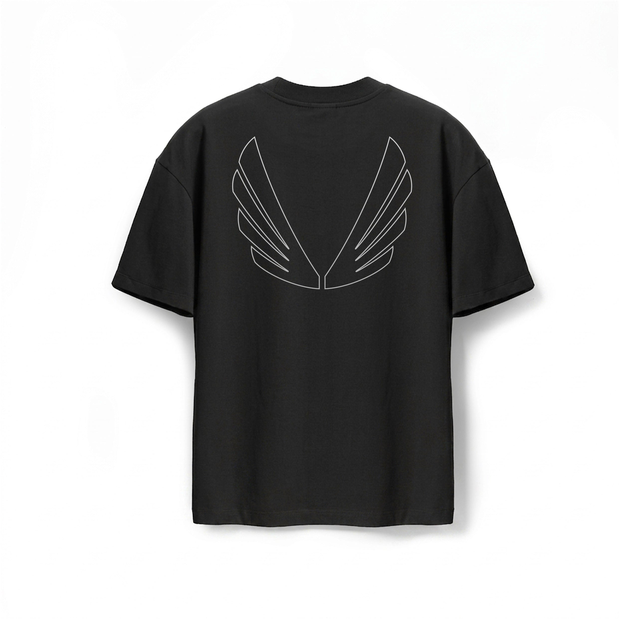 back view Tech Essential Oversized Boxy Tee Black with wing graphic print