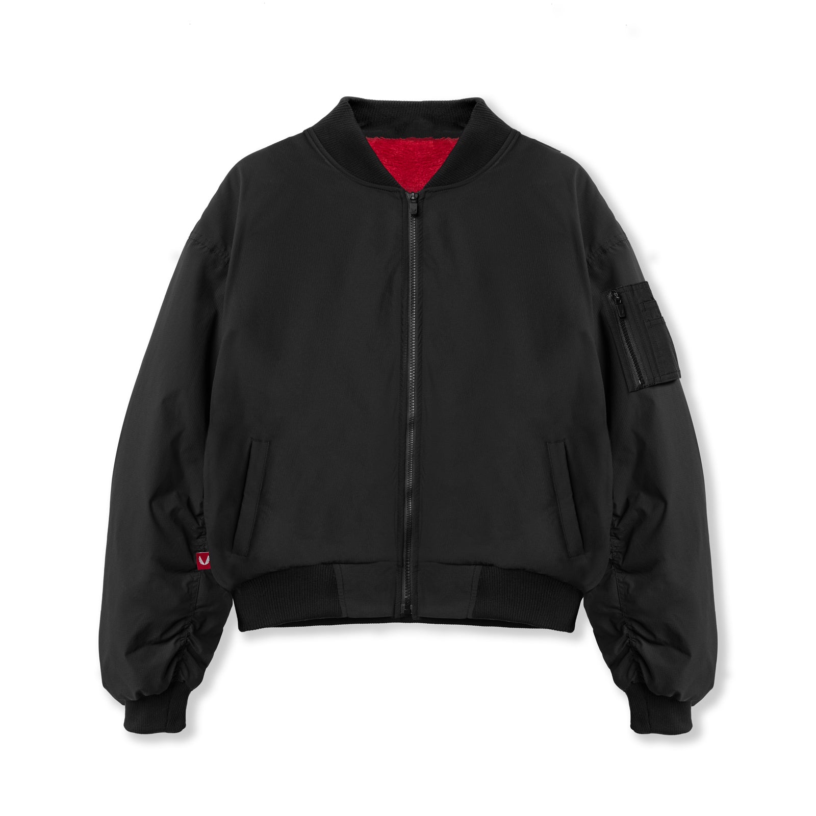 flatlay of Women's Sherpa-Lined Insulated Bomber Jacket in black with red lining, front view