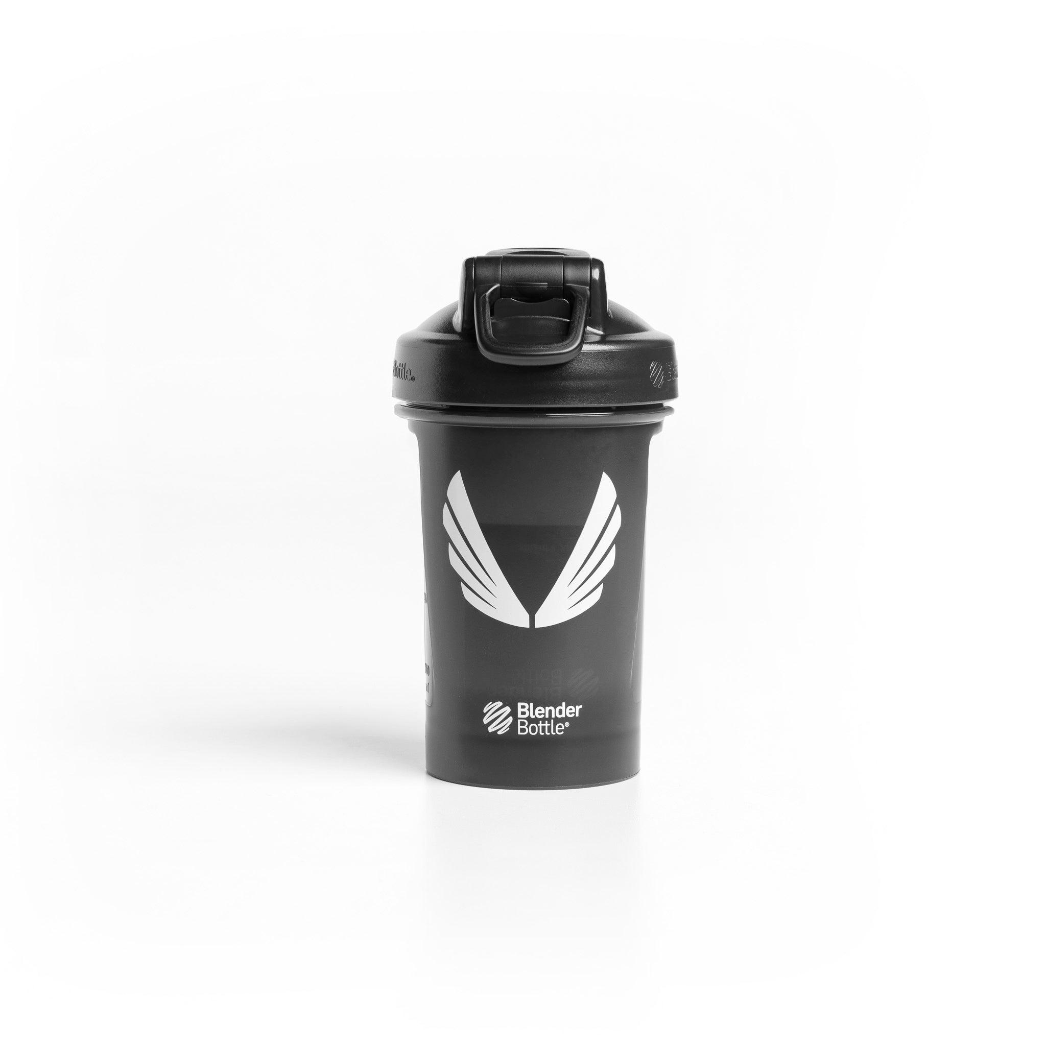 Flatlay of ASRV x Blender Bottle Mini Plastic Shaker in black with white wings logo, front view