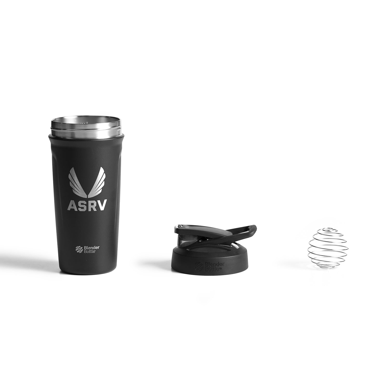 ASRV x Blender Bottle Strada insulated shaker in black with lid and mixing ball, overhead view