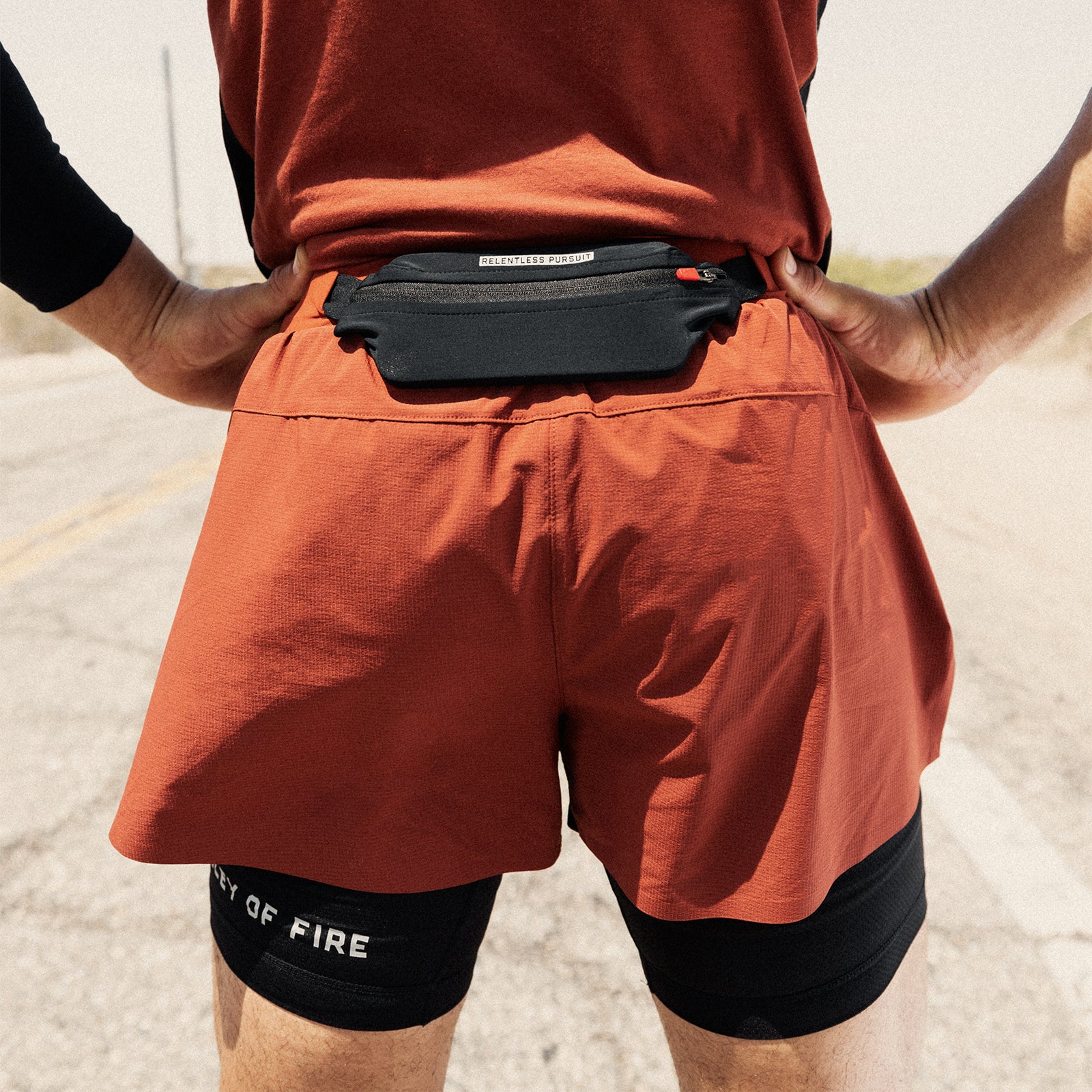 Ripstop 3" Belt Pack Short in brick/black worn with matching belt pack, front view