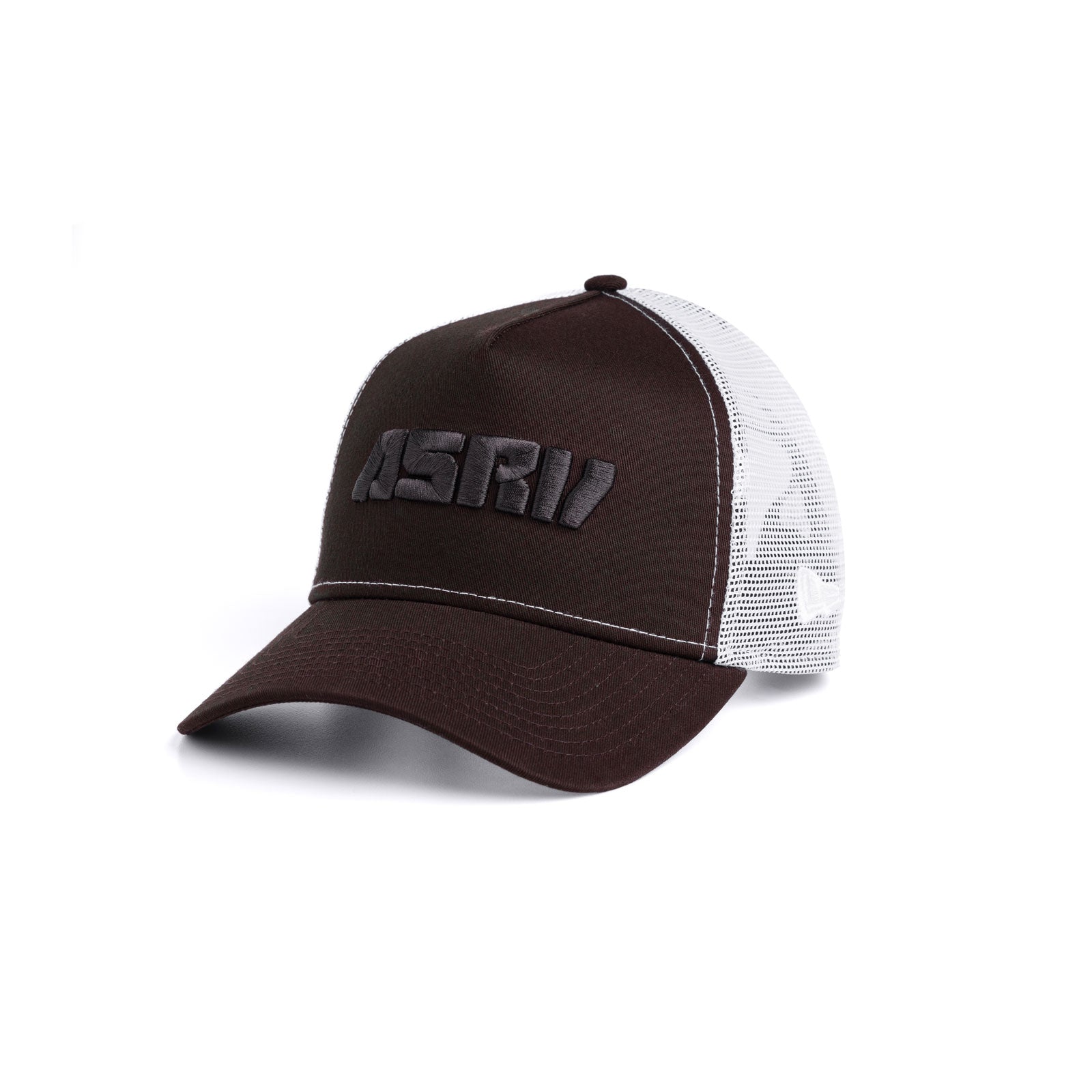 New Era 9Forty A-Frame Trucker Hat in dark brown and white, angled side view