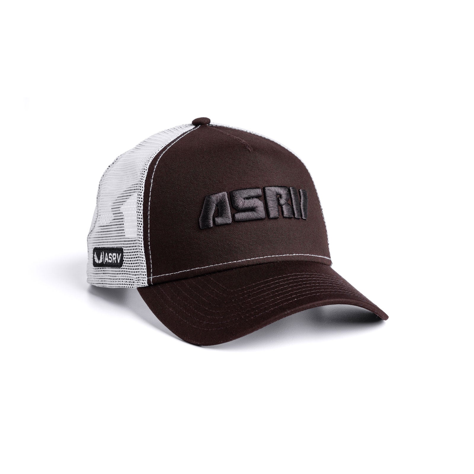 flatlay New Era 9Forty A-Frame Trucker Hat in dark brown and white, angled view