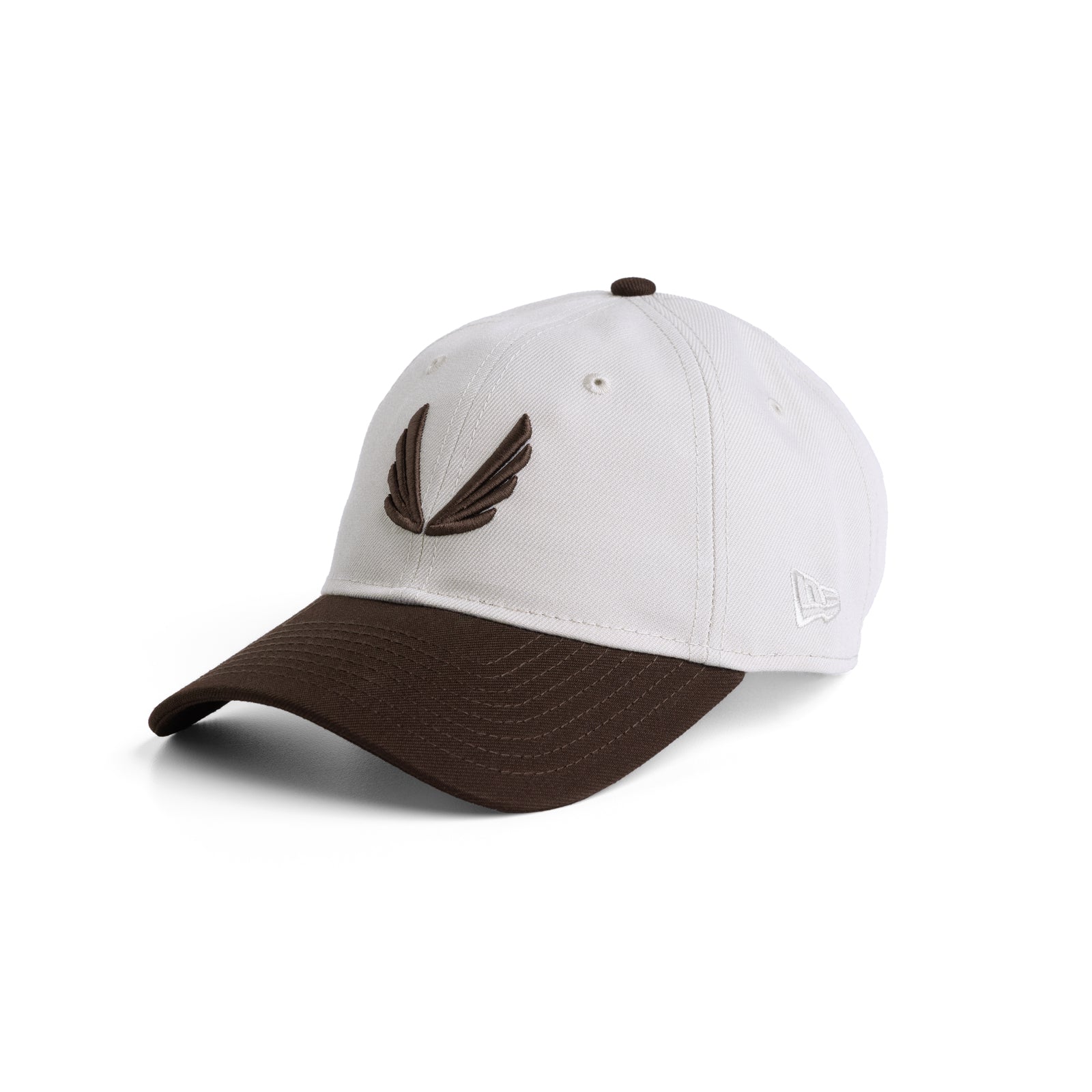 flatlay New Era 9Twenty strapback hat in stone and dark earth two-tone, front view