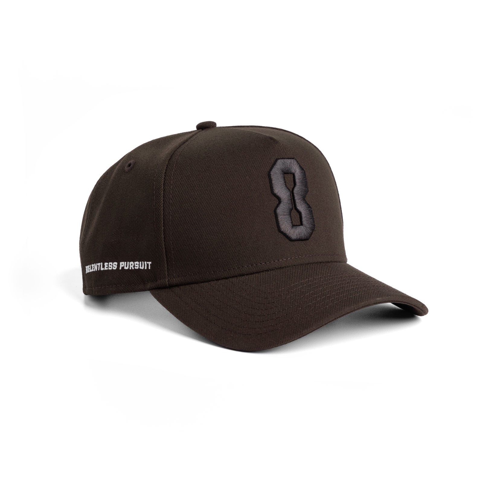 New Era 9Forty A-Frame Hat in Dark Earth with embroidered 8 logo, side view