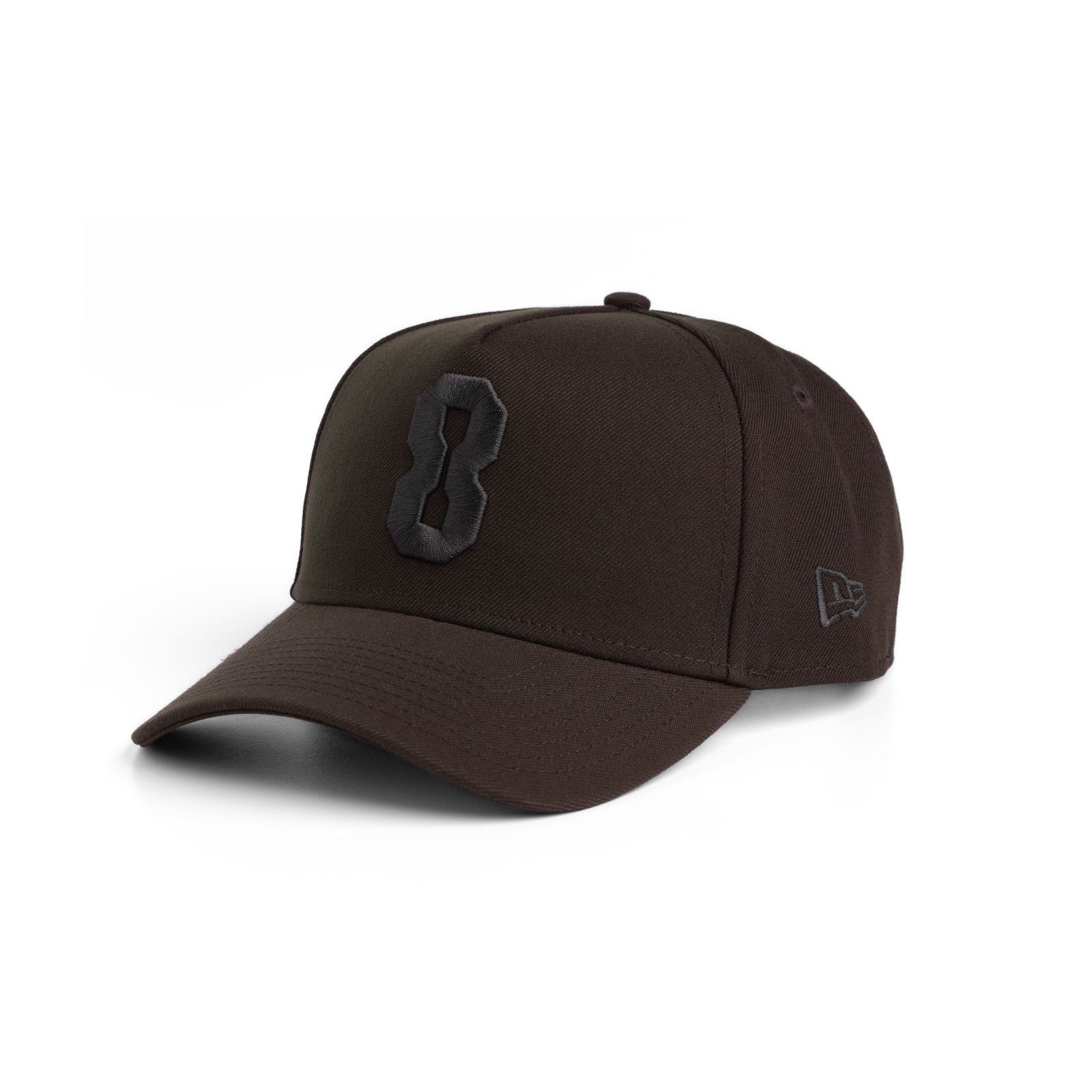 flatlay New Era 9Forty A-Frame Hat in dark earth with embroidered 8 logo, front view