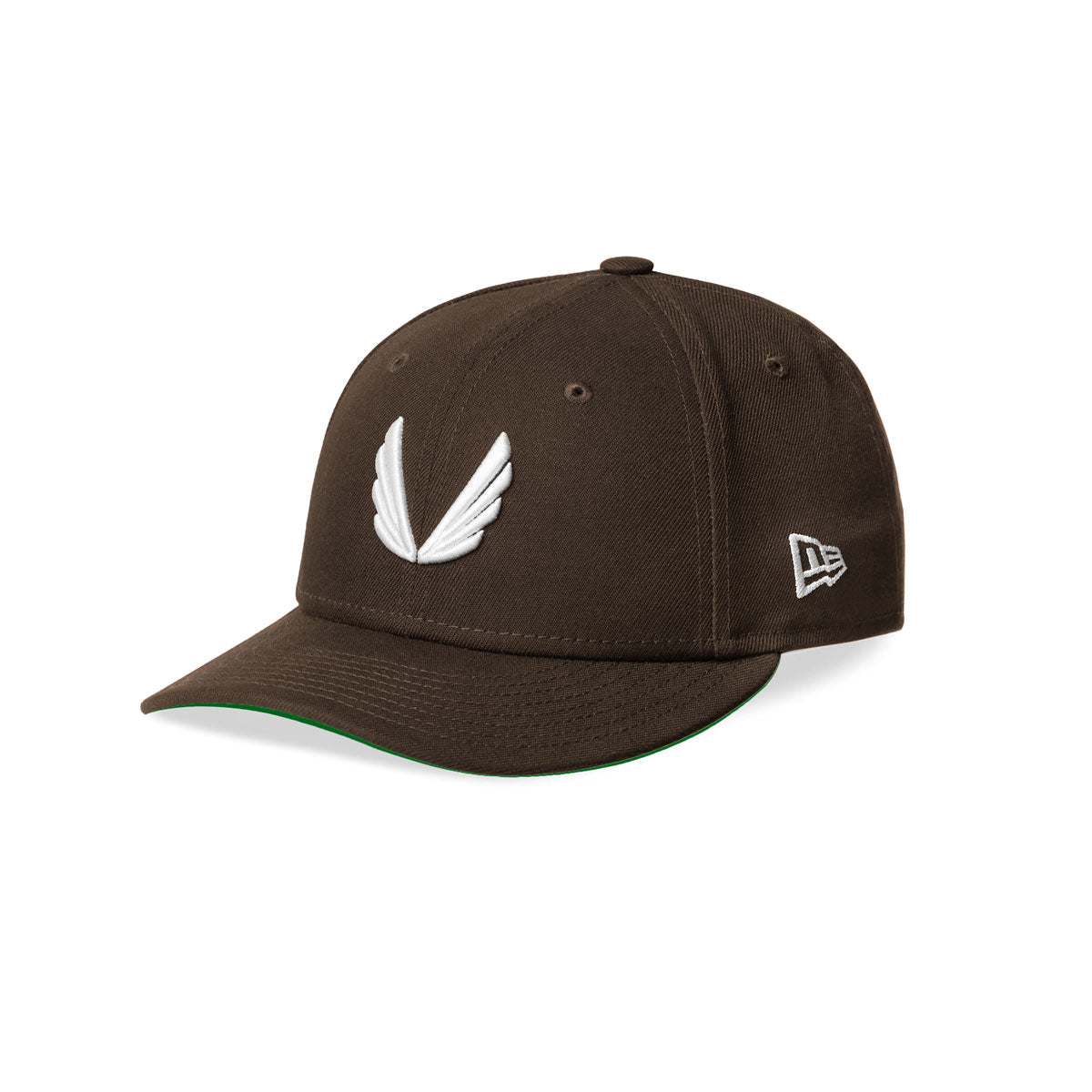 flatlay New Era 59Fifty Low Profile Hat in dark earth with white wings logo, angled front view