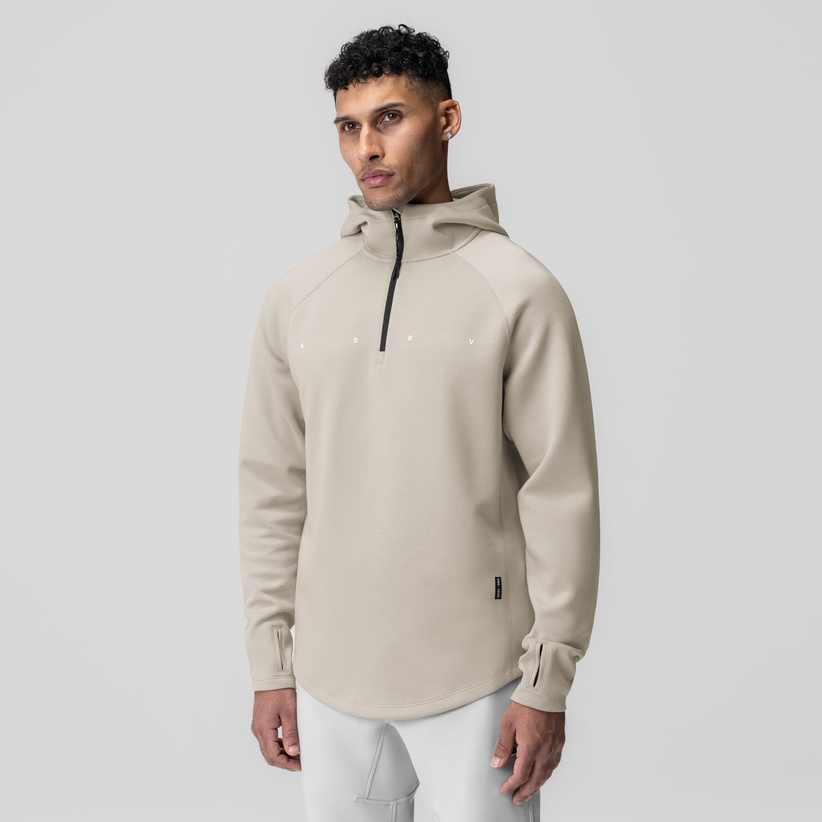 Dri-Core™ Zip Hoodie in Chai, worn by model, front view