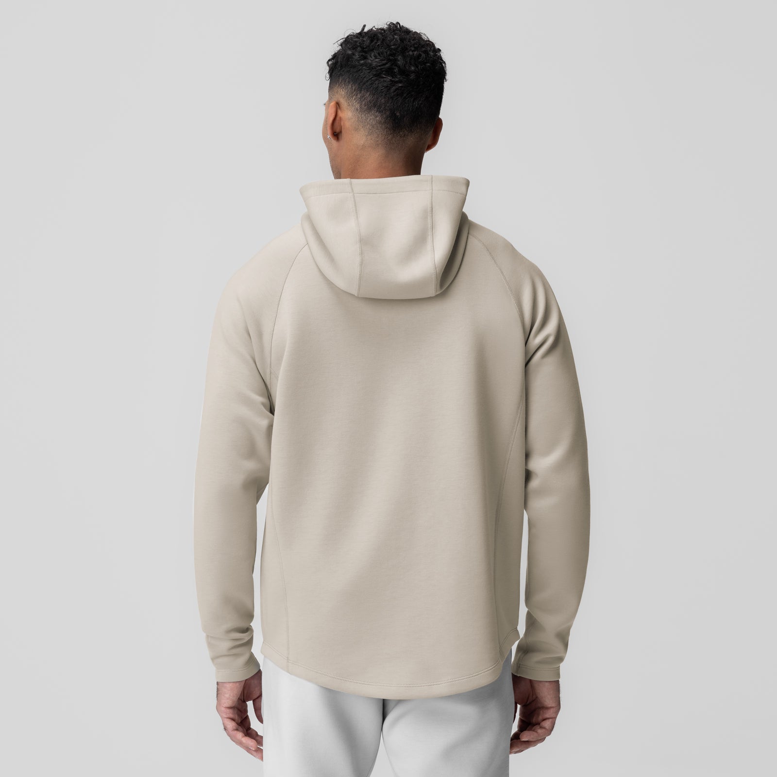 Dri-Core Zip Hoodie in Chai, back view on model