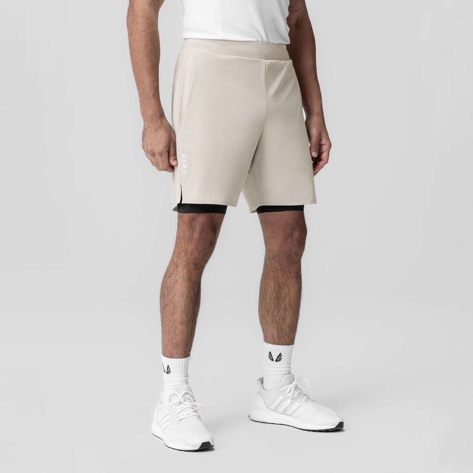 Aerotex™ Bonded 7" Liner Short in Chai worn by model, front view