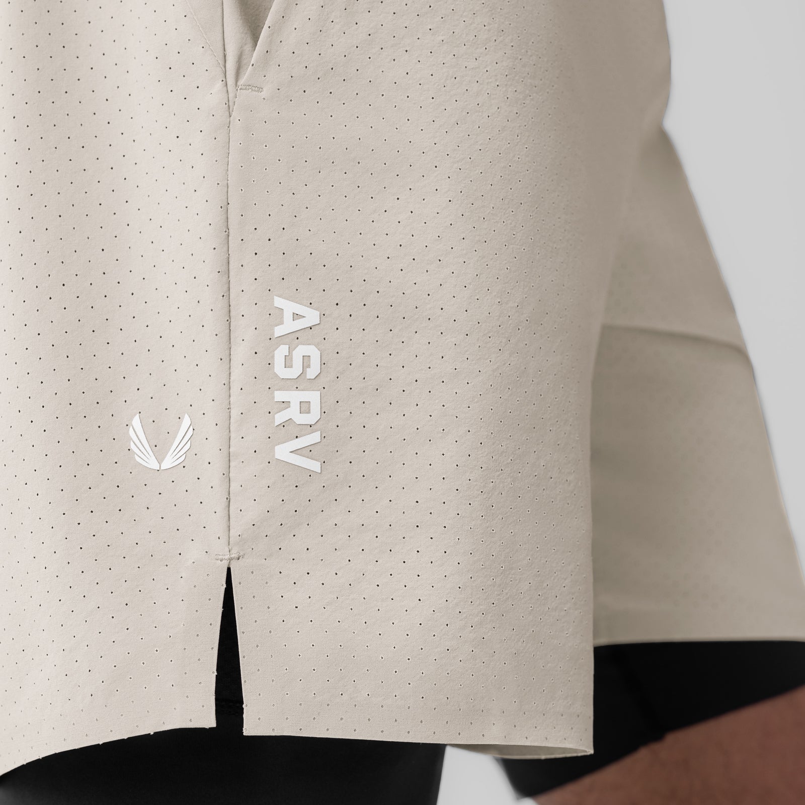 Aerotex Bonded 7" Liner Short in Chai worn on model, side detail view