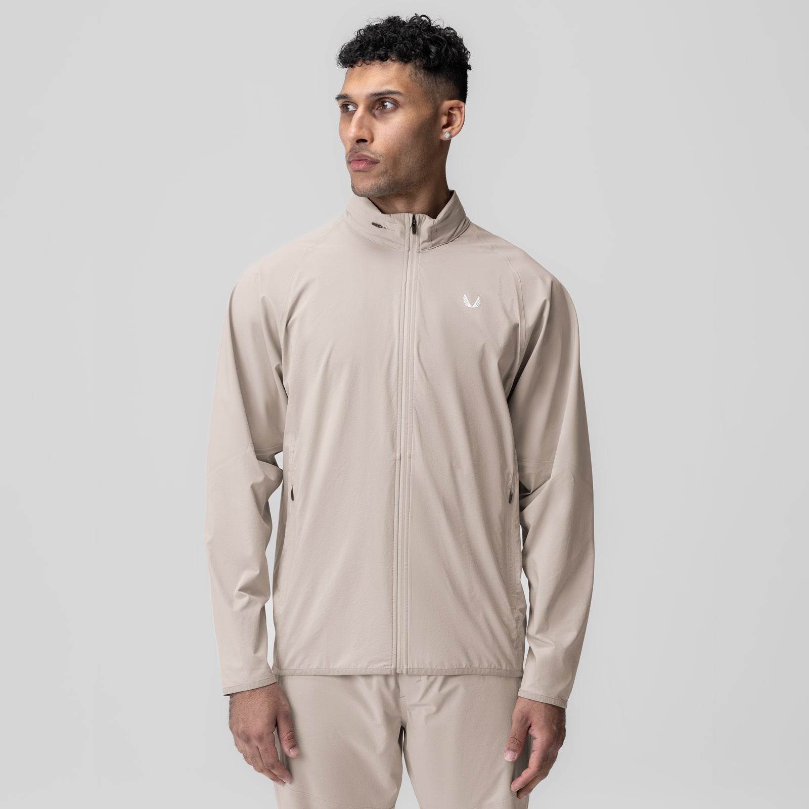 Aerotex Weather-Ready Bonded Windbreaker in chai, worn by model, front view