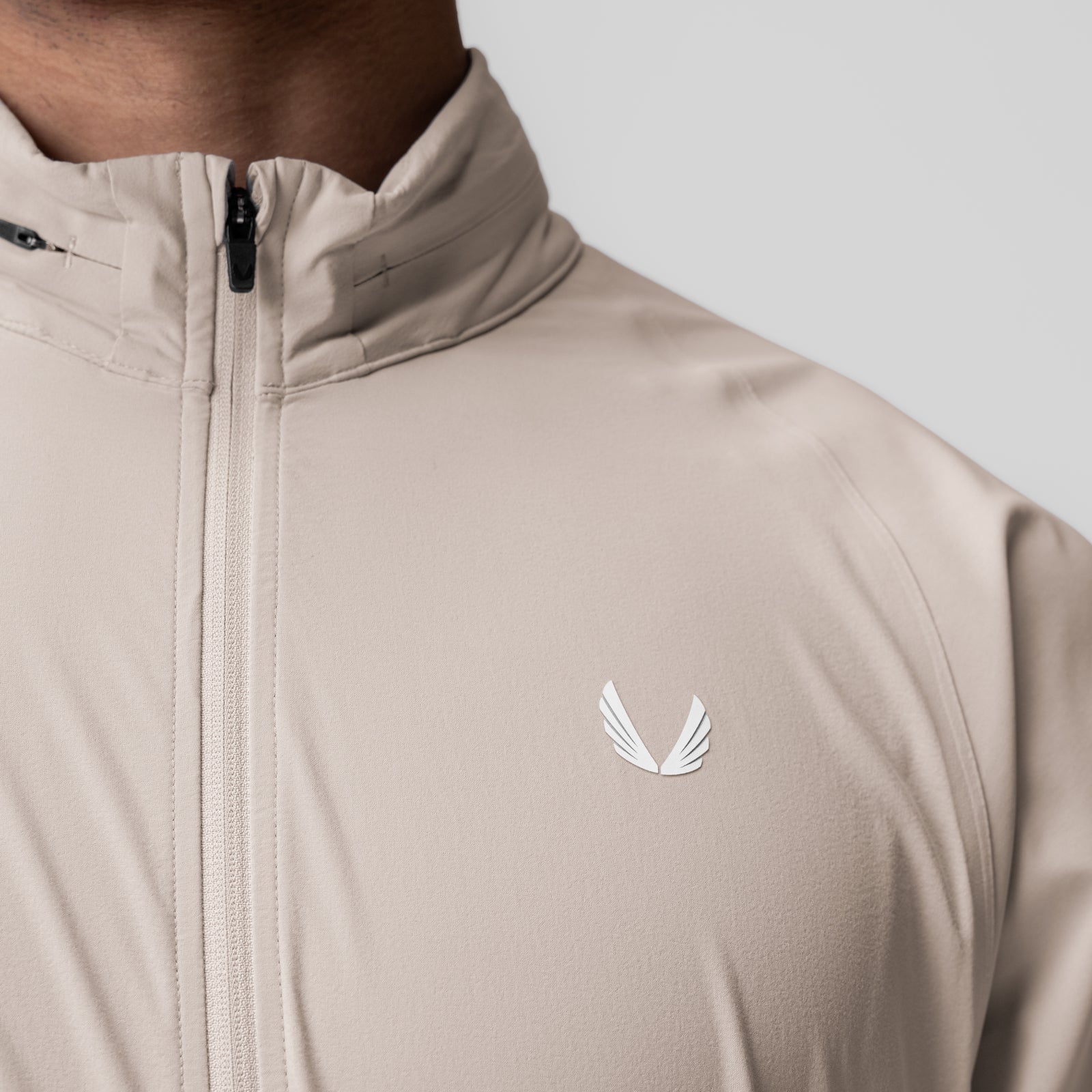 Aerotex Weather-Ready Bonded Windbreaker in Chai, worn by model, chest detail view
