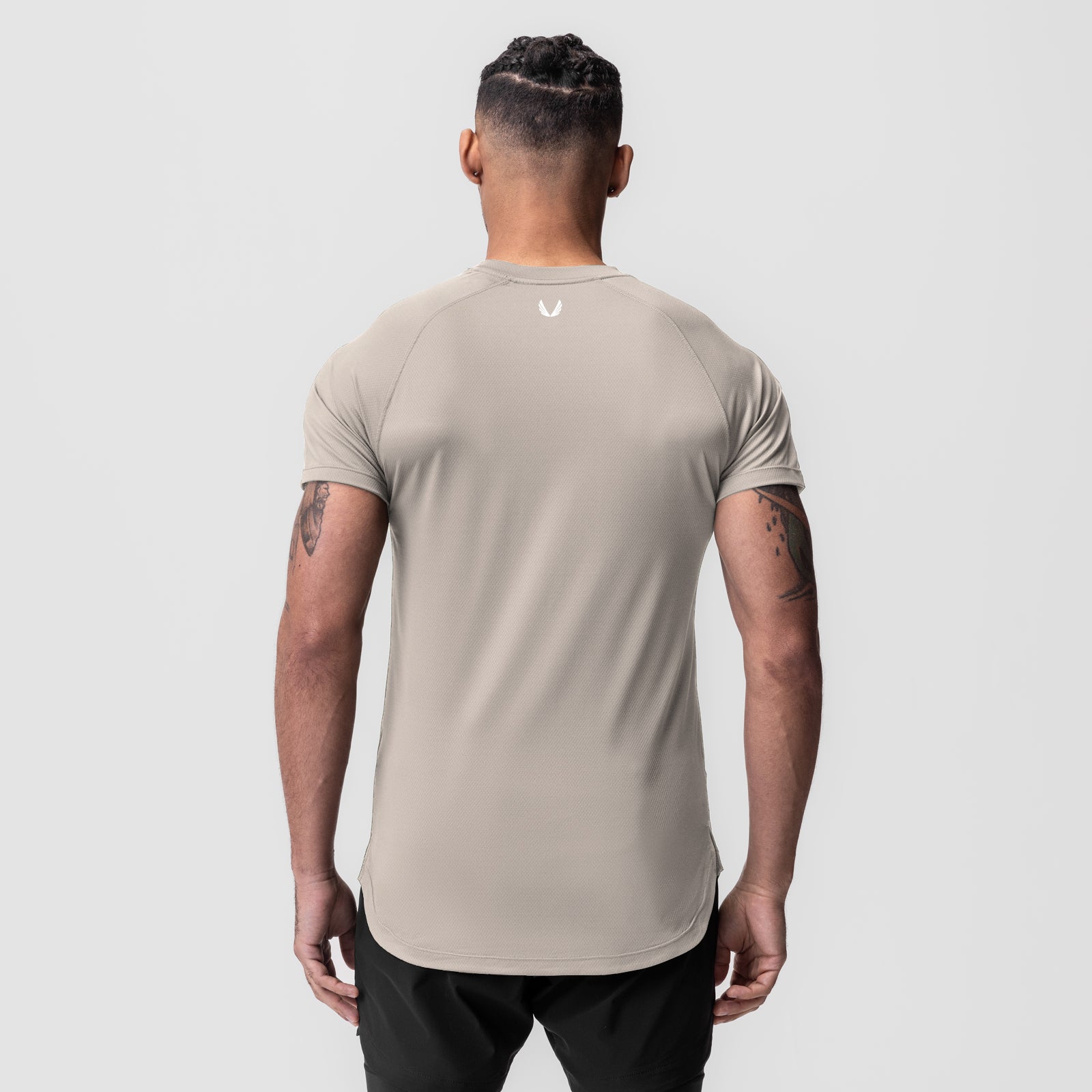 AeroSilver Established Tee in Chai, back view on model