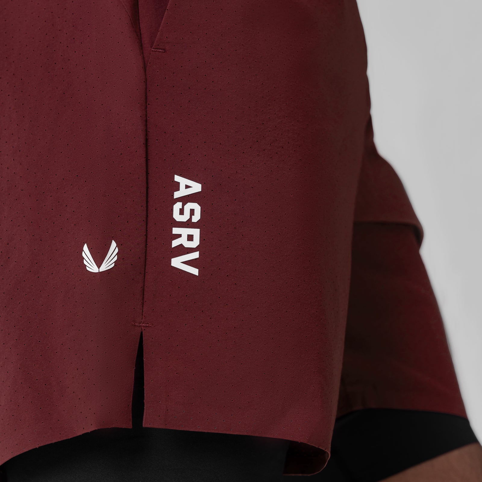 Aerotex Bonded 7" Liner Short in Crimson, worn on model, side detail view