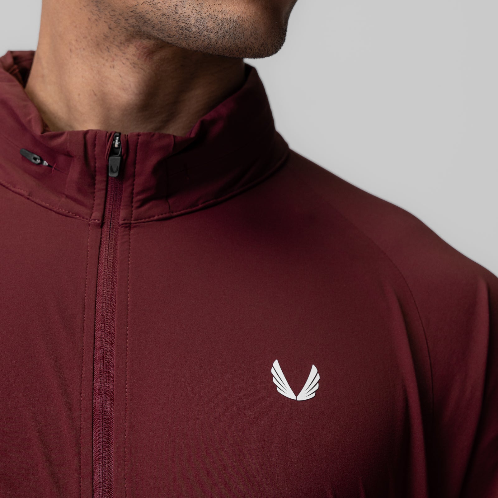 Aerotex Weather-Ready Bonded Windbreaker in crimson, worn by model, front detail view