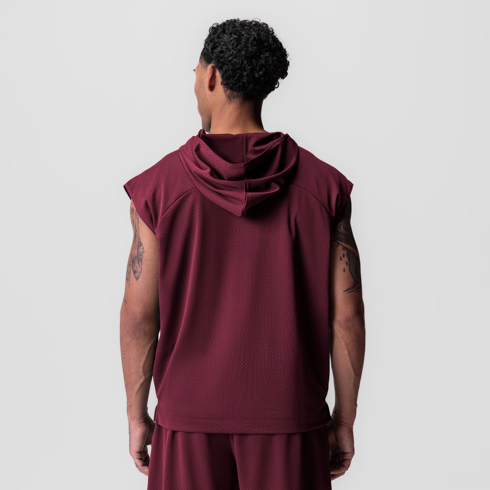 Reversible 2-in-1 Cutoff Hoodie in crimson, back view on model