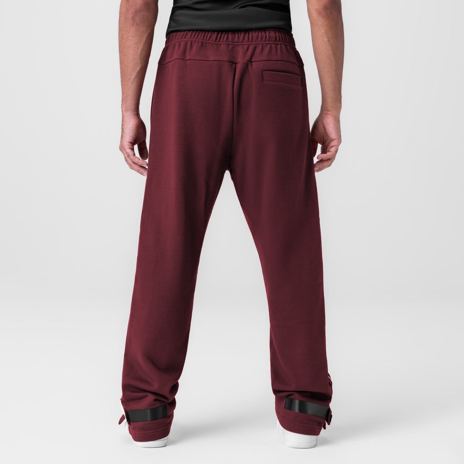 Herringbone Terry Snap Button Sweats in crimson, rear view on model