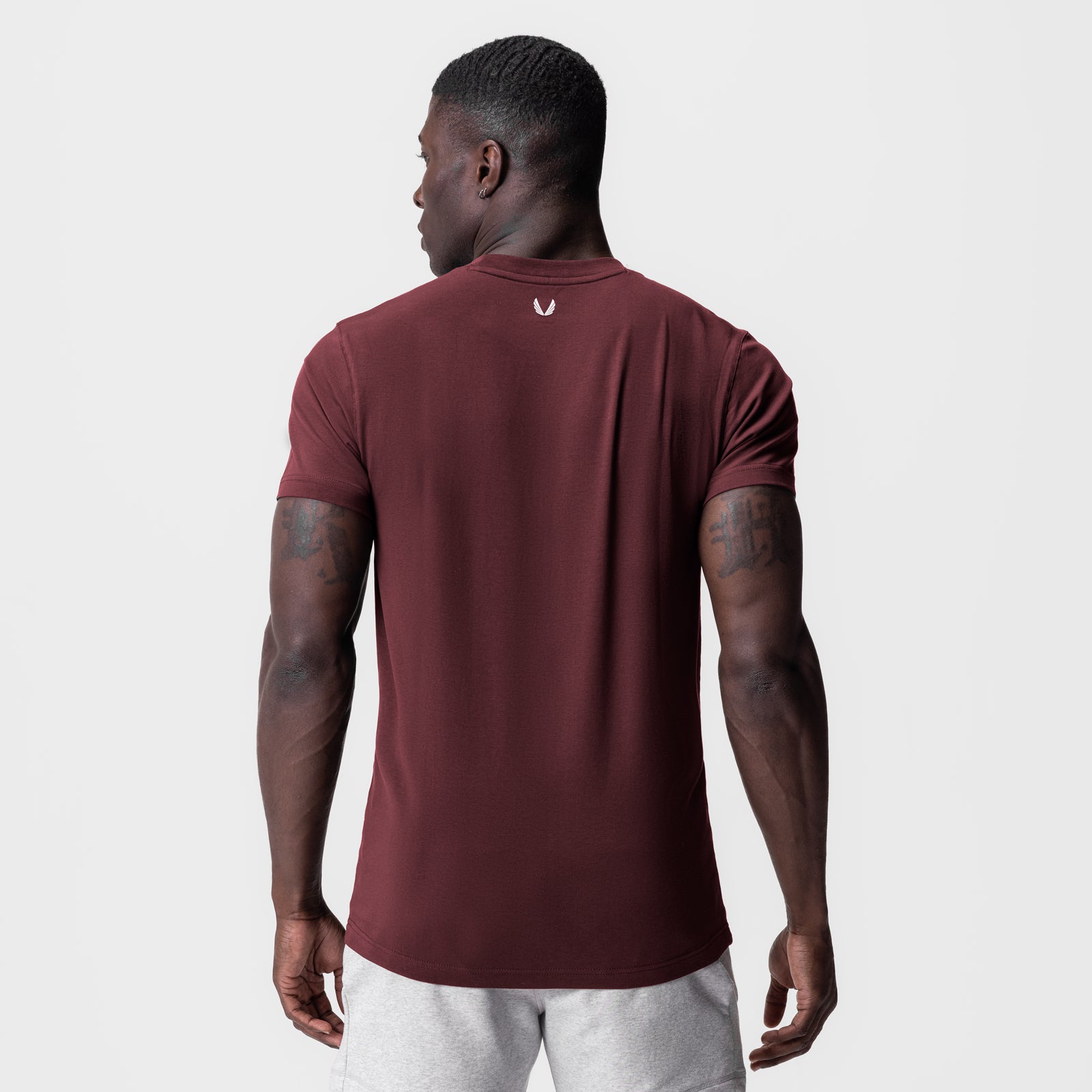 Crimson Supima Essential Tee worn by model, back view