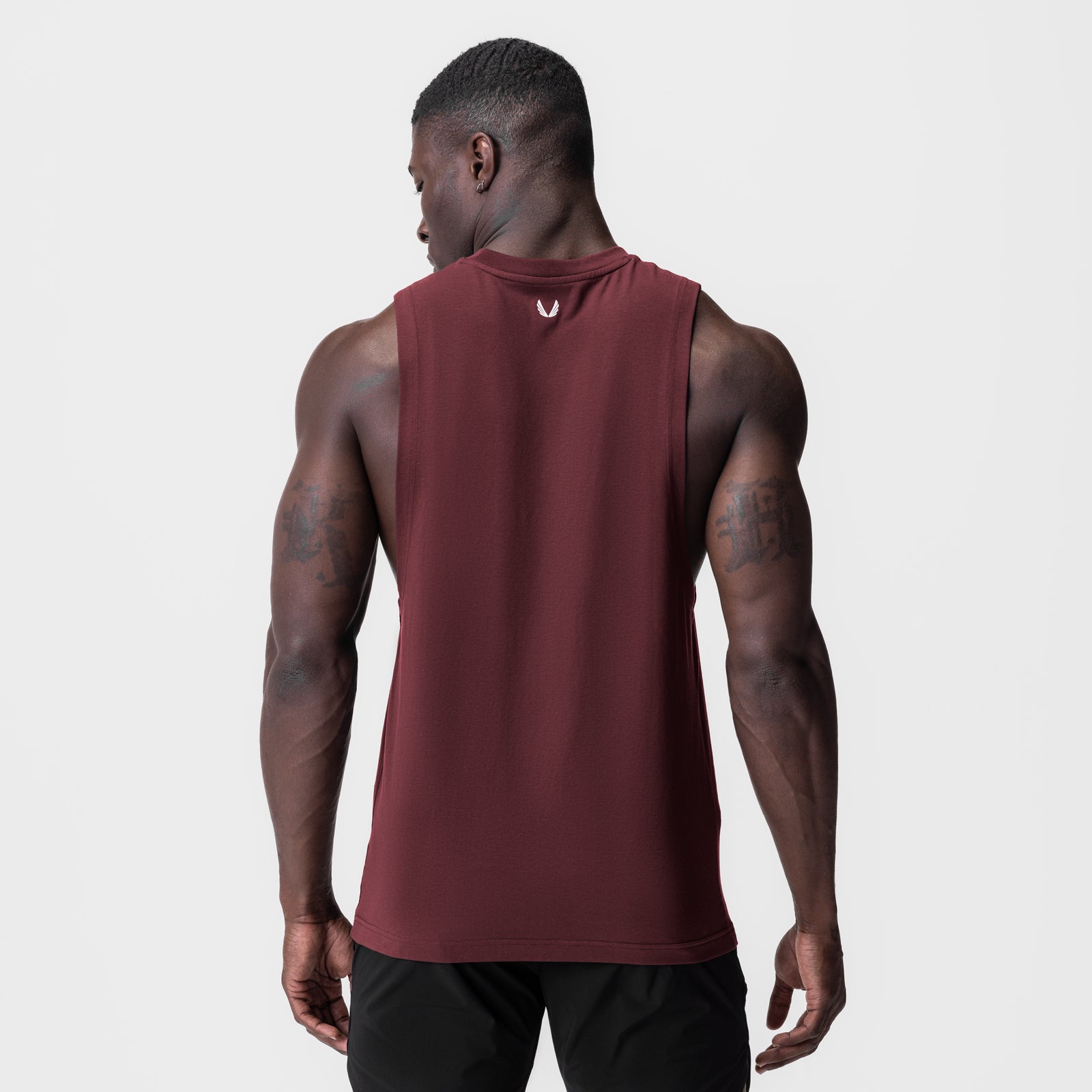 Crimson Supima® Muscle Tank worn by model, back view