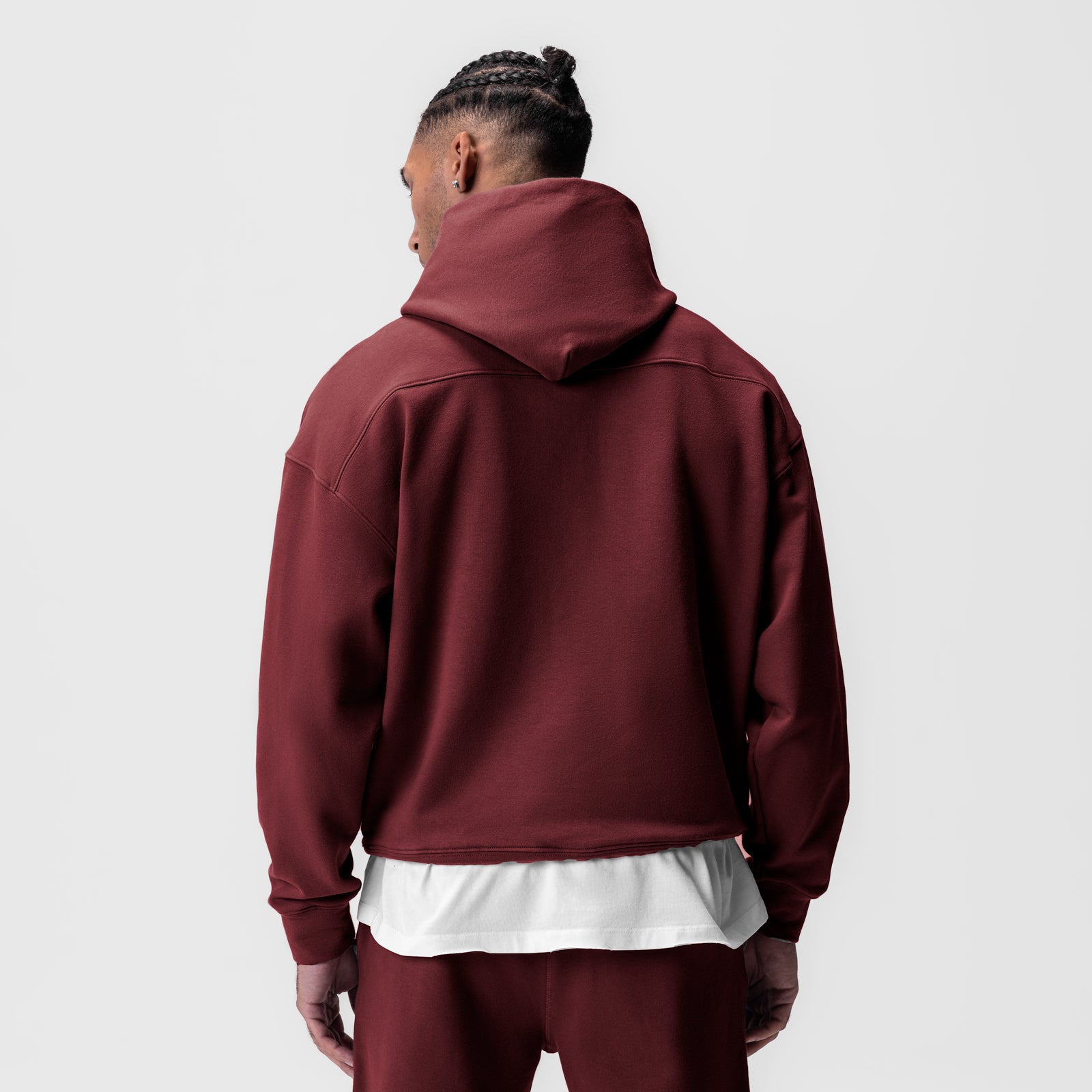 Tech-Terry Hoodie in crimson worn by model, back view
