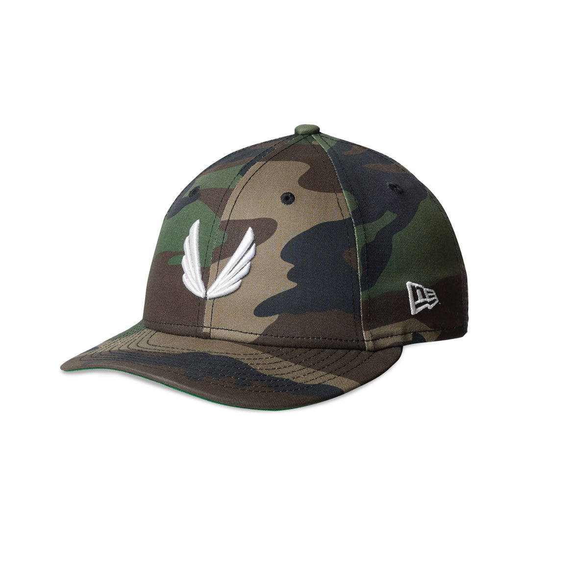 flatlay New Era 59Fifty Low Profile Hat in woodland camo with white wings logo, front view