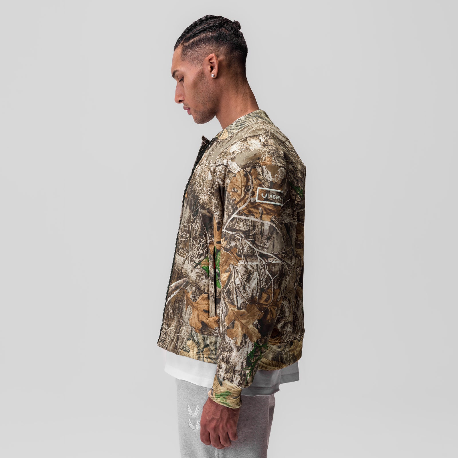Ripstop Insulated Bomber Jacket in Realtree camo, modeled in profile view